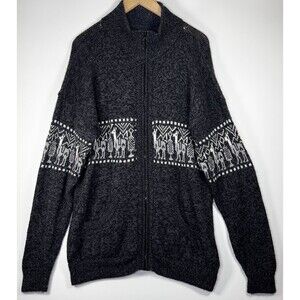 Llama Pattern Sweater Mens Large Gray Full Zip Nordic Andean Knit Peruvian Style